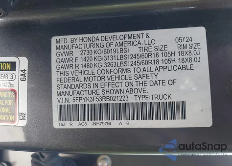 2024 Honda Ridgeline Rtl z USA, uszkodzony, nr VIN 5FPYK3F53RB021223